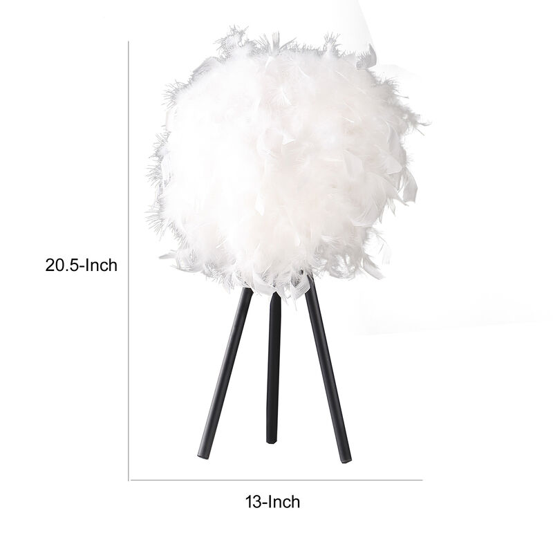 Rio 21 Inch Accent Table Lamp, White Feather Shade, Black Metal Tripod Base - Benzara