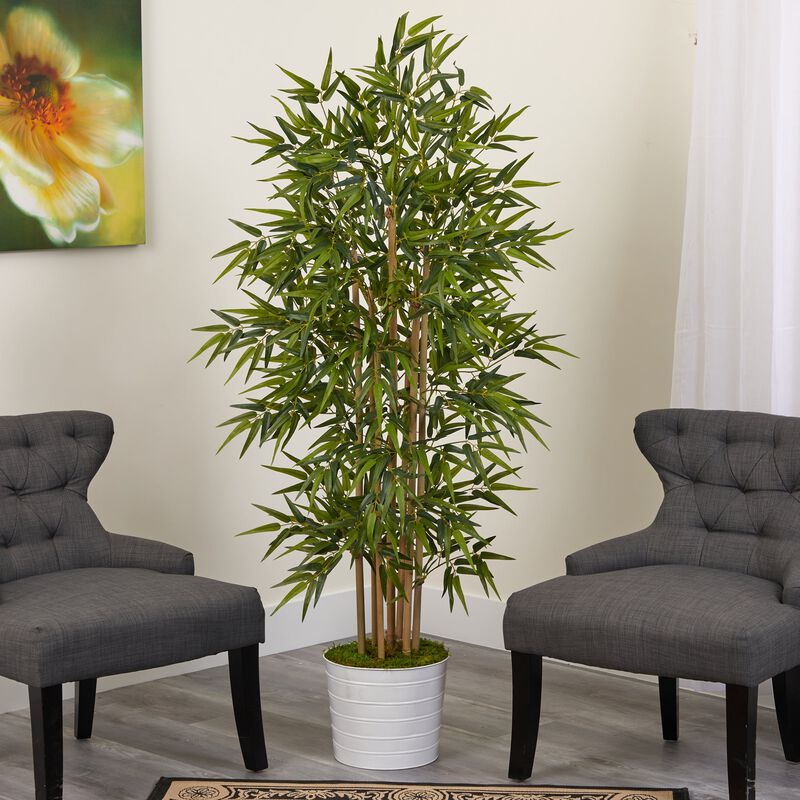 Hivvago 64 Inches Bamboo Artificial Tree in White Tin Planter