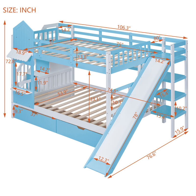 Full Over Full Castle Style Bunk Bed With 2 Drawers 3 Shelves And Slide