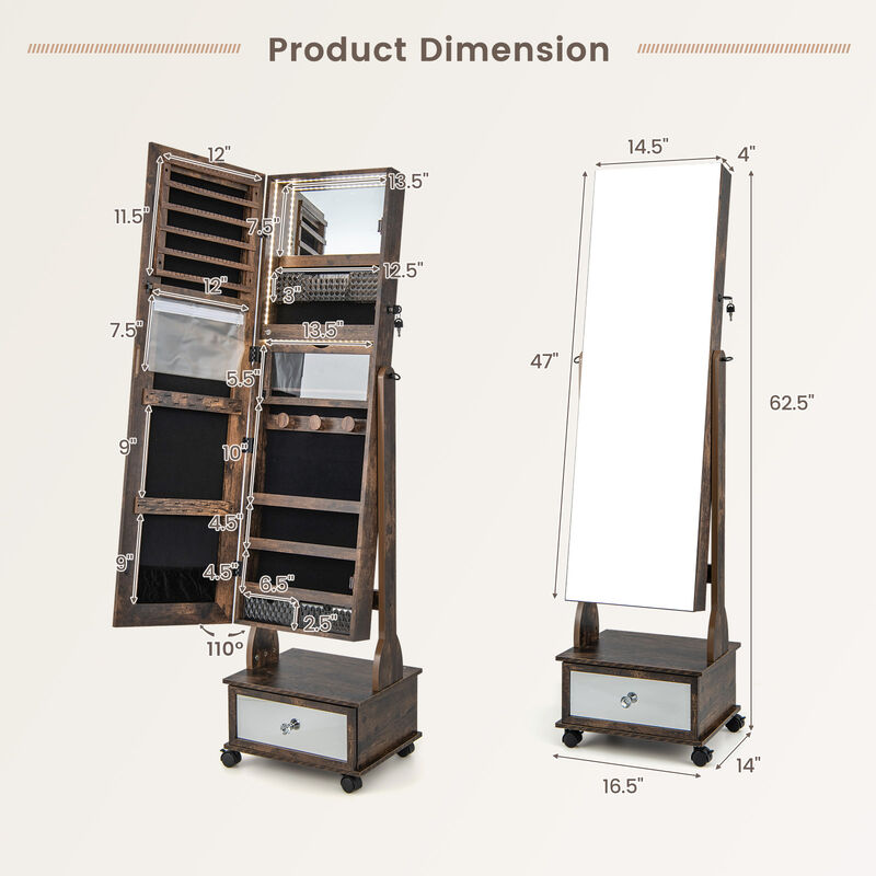 47 Inch Lockable Jewelry Cabinet Armoire with 3-Color LED Lights-Coffee