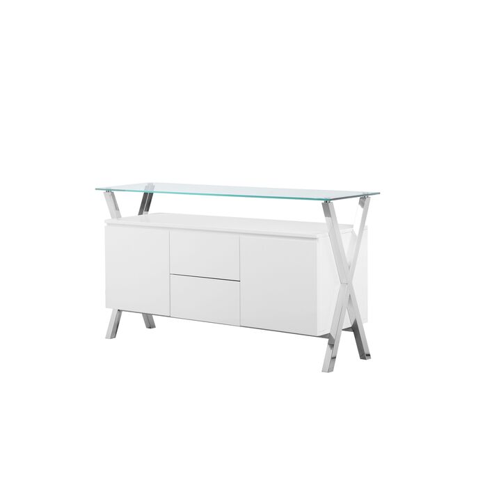 Tia Sideboard Buffet Console, 2 Doors, Chrome and Glass, White 63 Inch - Benzara