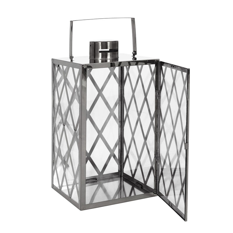 Dove 18 Inch Lantern, Lattice Silver Stainless Steel, Tempered Glass - Benzara