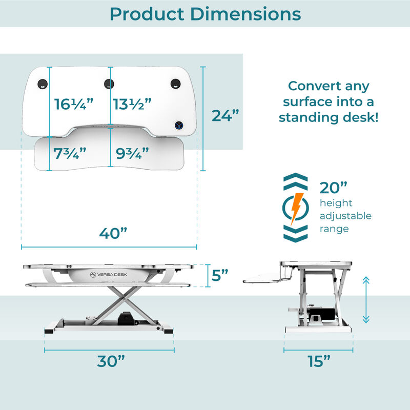 VersaDesk PowerPro® 40"W Electric Adjustable Standing Desk Converter, White