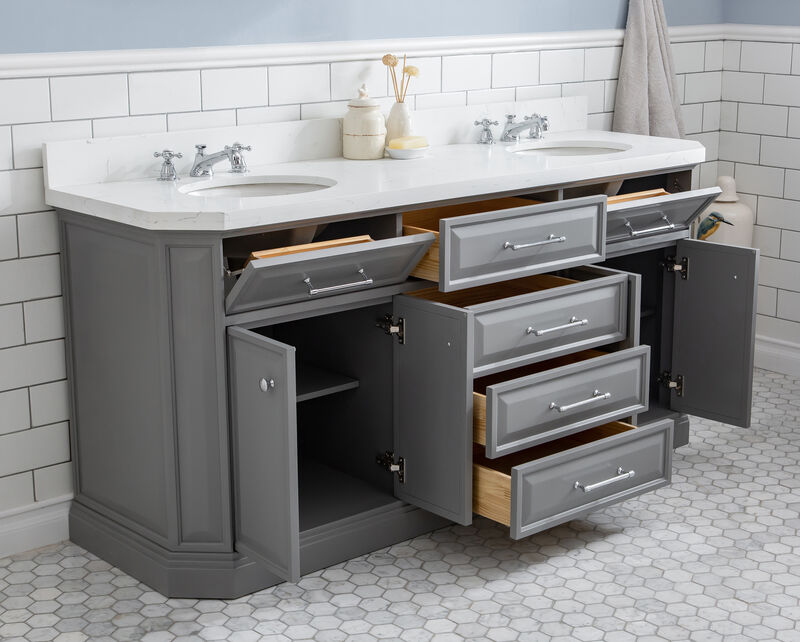 Palace 72 In. Double Sink Carrara Quartz Countertop Bath Vanity in Cashmere Grey with Chrome Hardware and Rectangular Pivot Mirrors