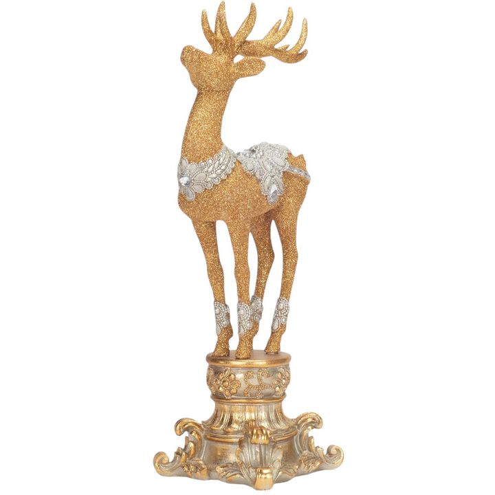 18-Inch Resin Jeweled Old World Deer on Pedestal: Elegant Holiday Decoration with Vintage Charm