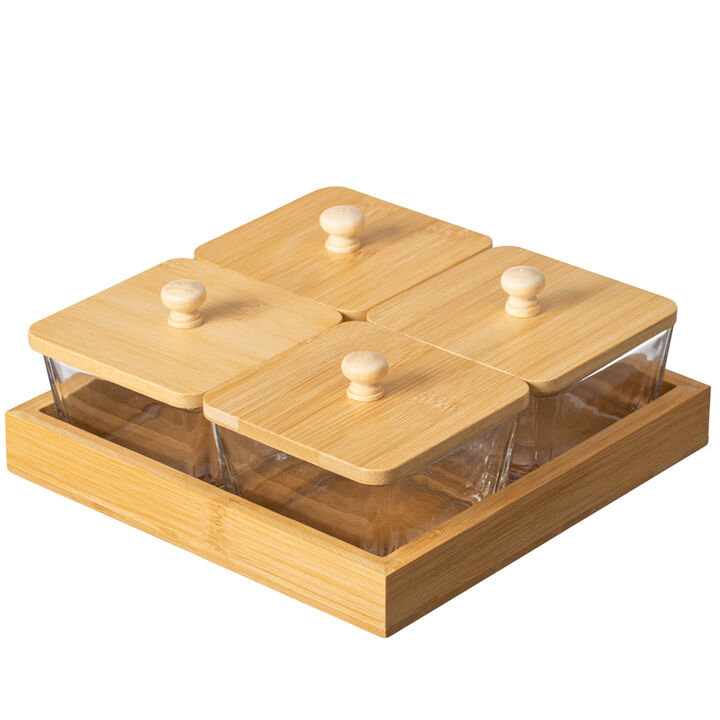 Basicwise Set of 4 Square Glass Jars with Bamboo Lids and Wooden Tray – Square Charcuterie, Snack Organizer and Fruit Platter for Party, Candy Jars, Cookies, Nuts, Fruits and Snack Box