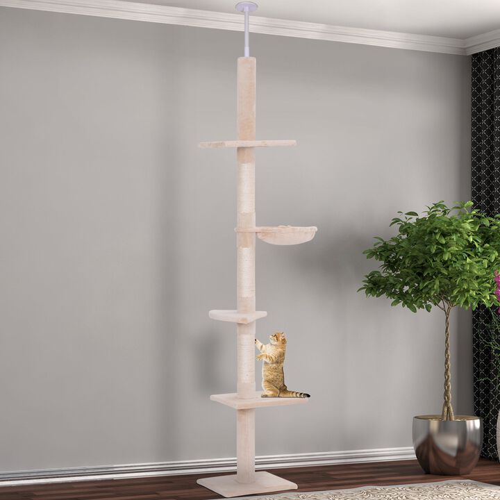 Beige Feline Playground: 8.5' Adjustable Cat Tree with Platforms