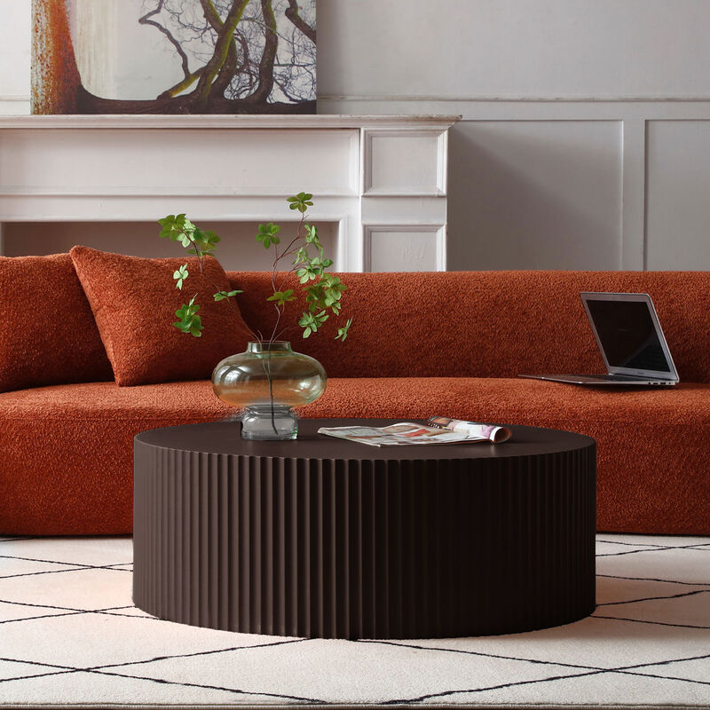 Artisanal Round MDF Coffee Table With Handcrafted Relief And Stunning Painting Finish, Brown