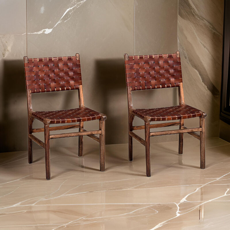34 Inch Set of 2 Wood Dining Chairs, Leather Woven Back and Seat, Brown - Benzara
