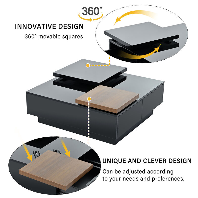 Movable Top Coffee Table with High-Gloss Finish and 4 Hidden Drawers Modern Living Room Storage Table