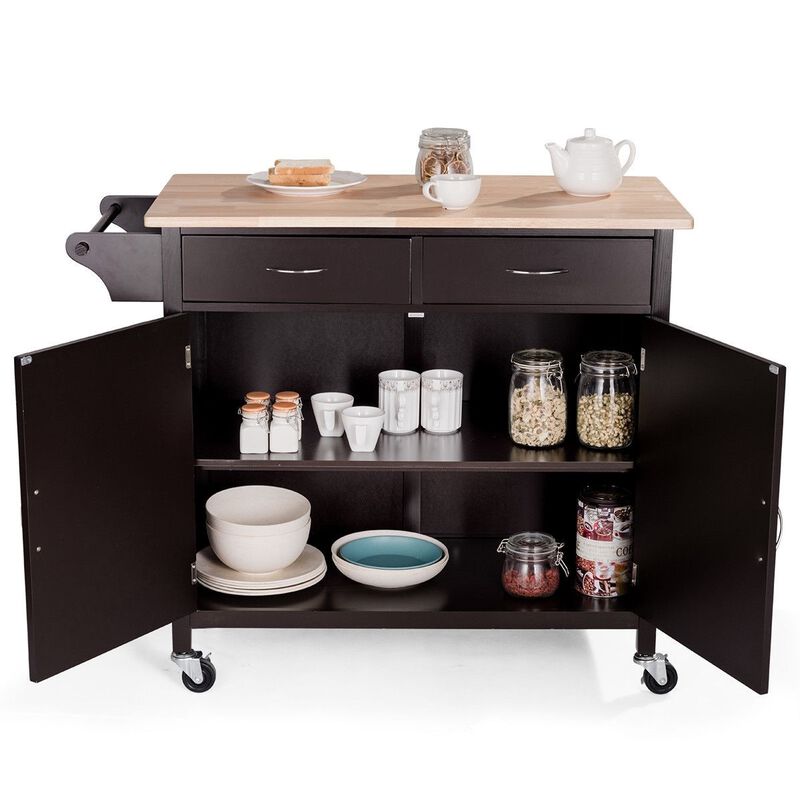 Hivvago Brown Kitchen Island Storage Cart with Wood Top and Casters