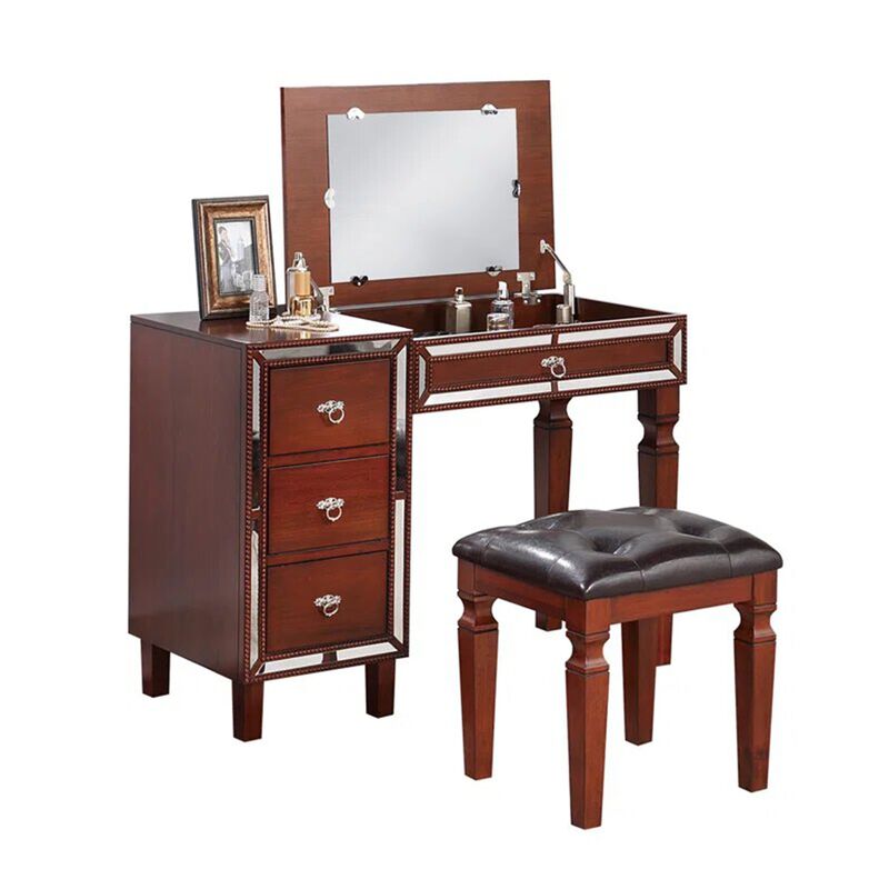 Sosi 47 Inch Vanity Desk Set with Stool, 3 Mirror Inlaid Drawers, Brown-Benzara