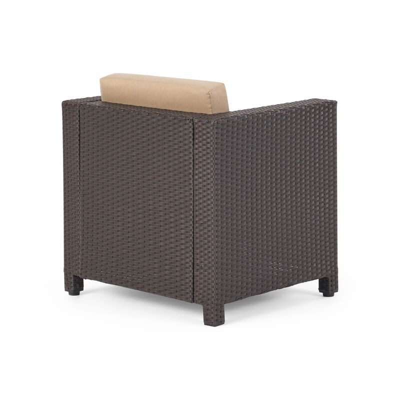 Elza Outdoor Accent Chair, Iron, Brown Faux Rattan Wicker, Beige - Benzara