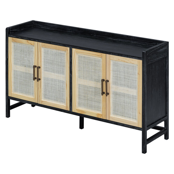 Clihome Sideboard Rustic Buffet Cabinet, sideboard cabinet with Decorative Rattan Doors, Buffet Cabinet with Storage for Entryway Dining Room Kitchen Living Room,Walnut+Natural