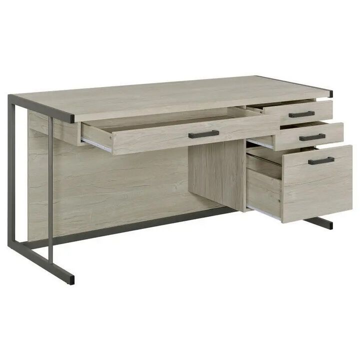 60 Inch 4 Drawer Rectangular Office Desk, Metal Sled Base, Whitewashed Gray-Benzara