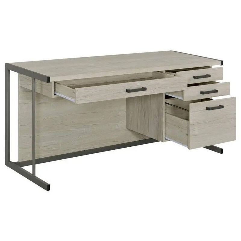 60 Inch 4 Drawer Rectangular Office Desk, Metal Sled Base, Whitewashed Gray-Benzara