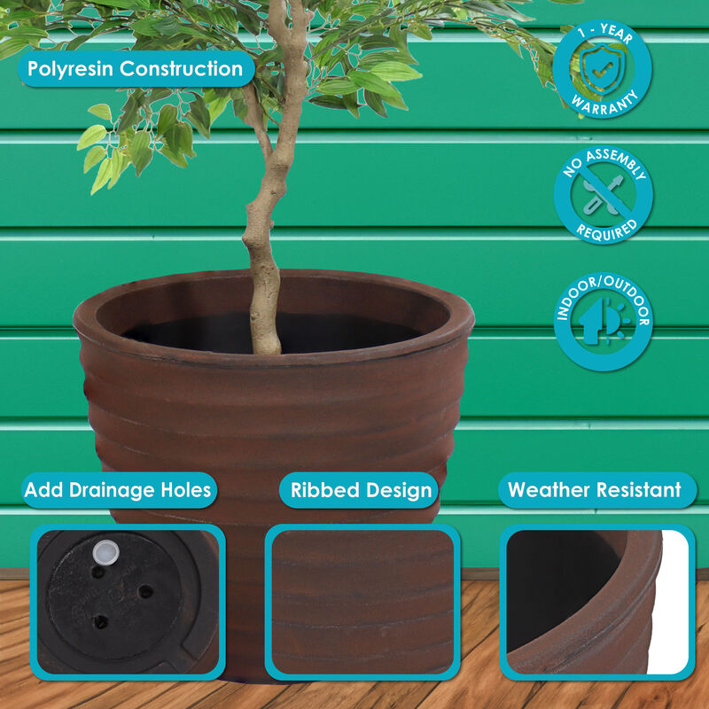 Sunnydaze 16 in Ribbed Polyresin Outdoor Planter - Rust