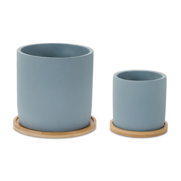 Stone Planter with Wood Plate for Rustic and Elegant Plant Display (Set of 2)