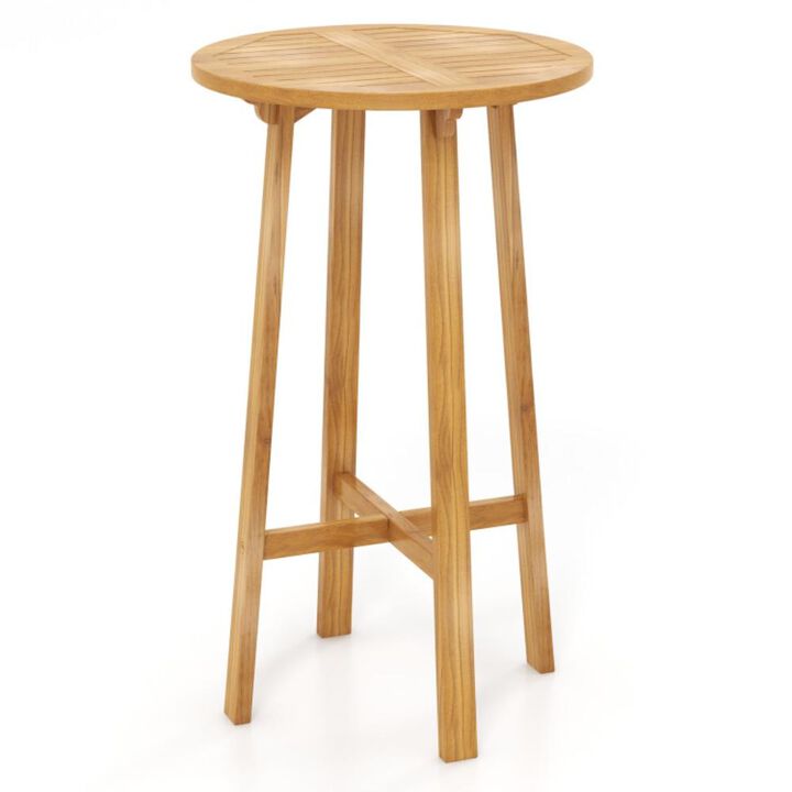Hivvago 24 InchTeak Wood Round Bar Table with Footrest for Indoors Outdoors