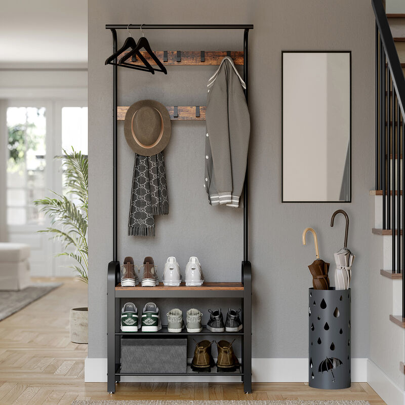 Hall Tree Coat Rack and Shoe Bench with Wood Accent and Metal Frame