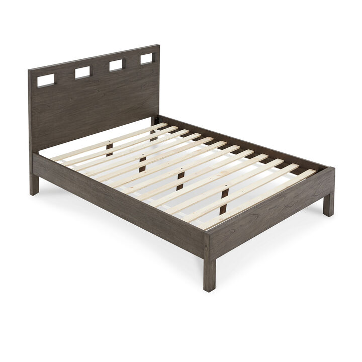 Yee Queen Bed, Gray Wood, 4 Side Drawers, Cut Out Headboard Design - Benzara