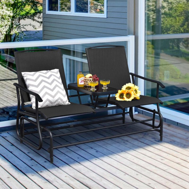 Hivvago 2-Person Double Rocking Loveseat with Mesh Fabric and Center Tempered Glass Table