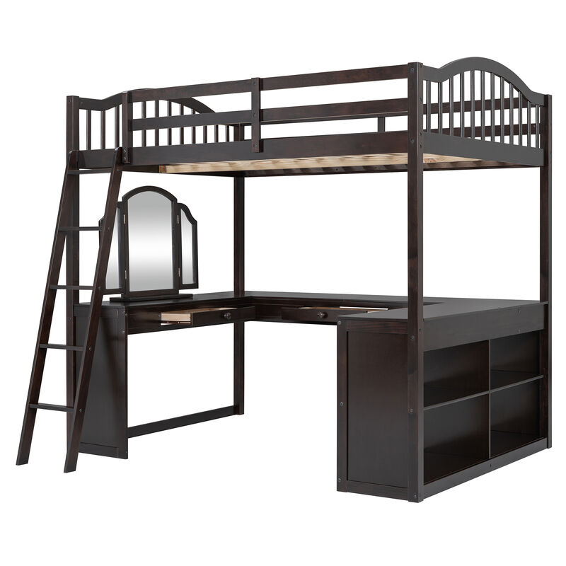 Wooden Loft Bed with U-Shaped Desk, Storage Compartments, and Tri-Fold Mirror