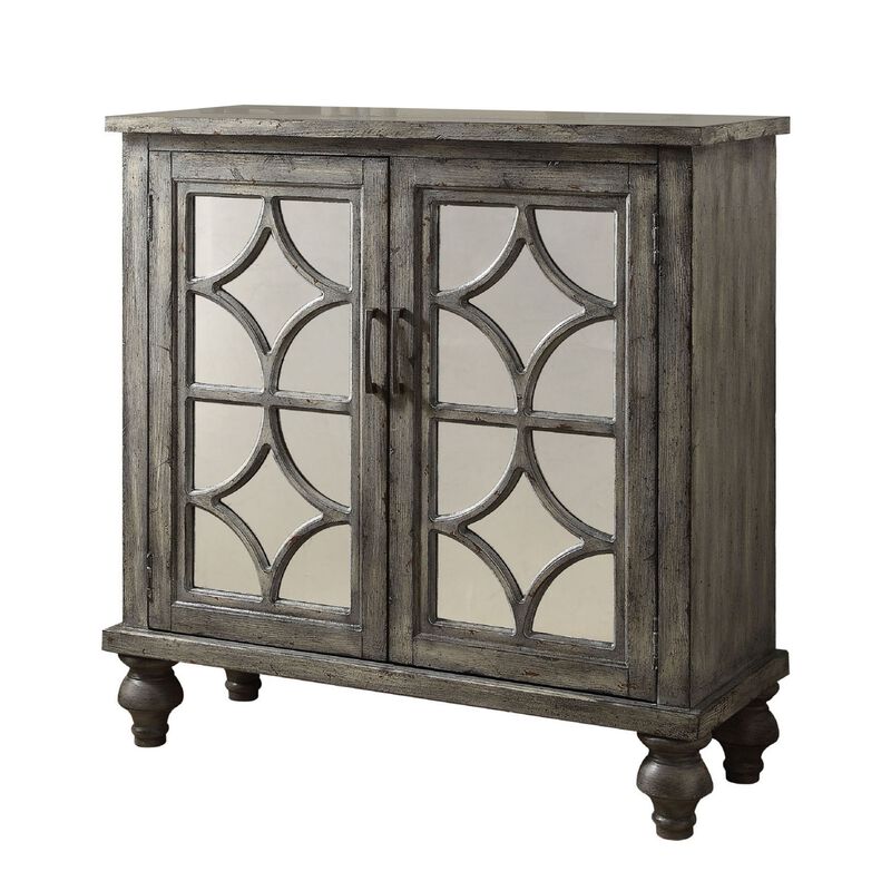 Storage Cabinet with 2 Doors and Diamond Mirror Trim, Weathered Gray-Benzara