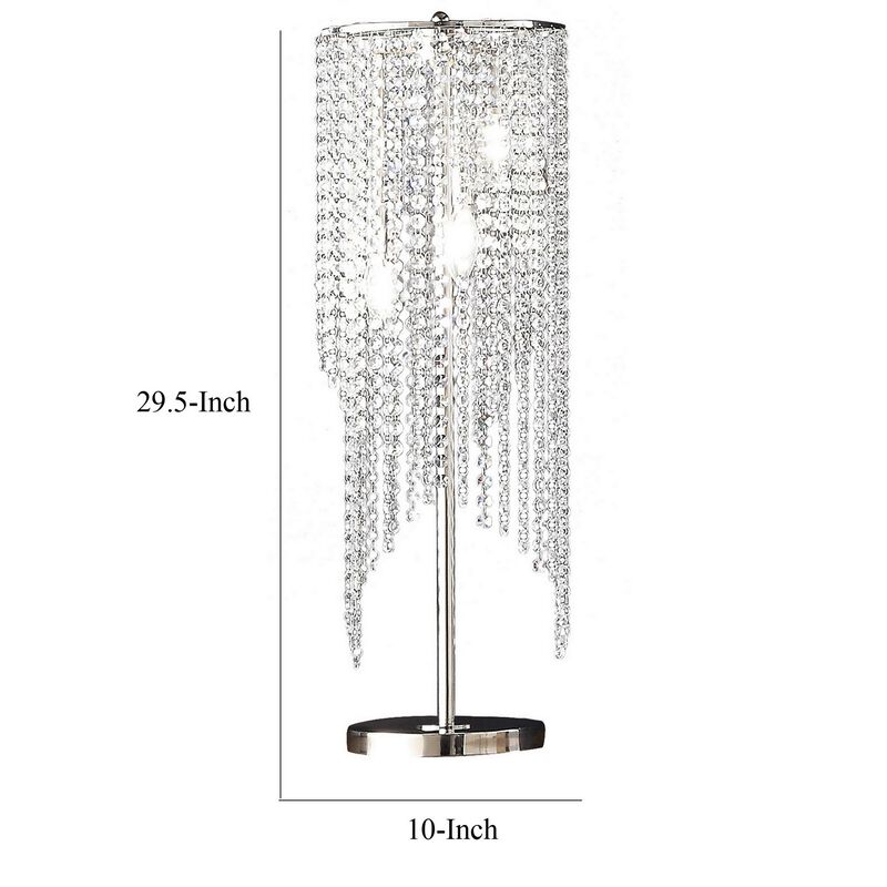 Mindy 30 Inch Table Lamp, Crystal Raindrops Design, Metal, Clear Finish-Benzara