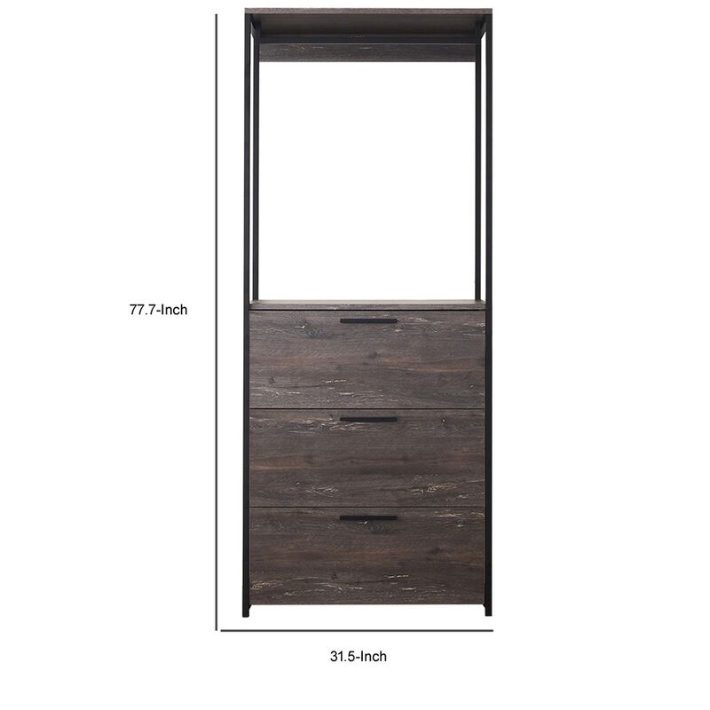 Gin Modular Closet System, 3 Rustic Gray Drawers, 1 Hanging Rod, Black