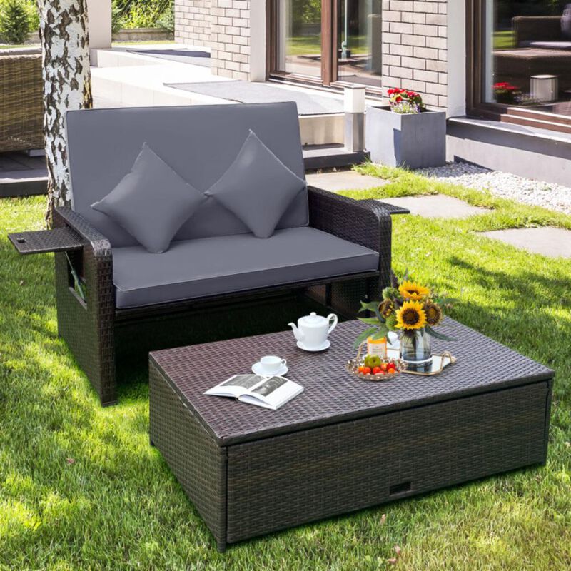Hivvago Patio Rattan Daybed with 4-Level Adjustable Backrest and Retractable Side Tray