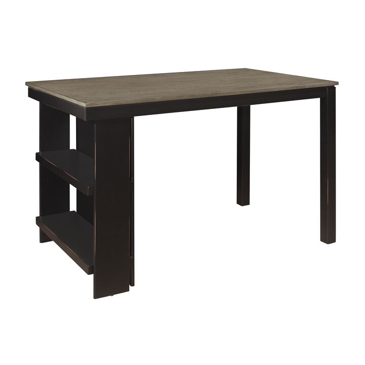 Tim 60 Inch Counter Height Table, 2 Built in Shelves, Gray, Black Wood - Benzara
