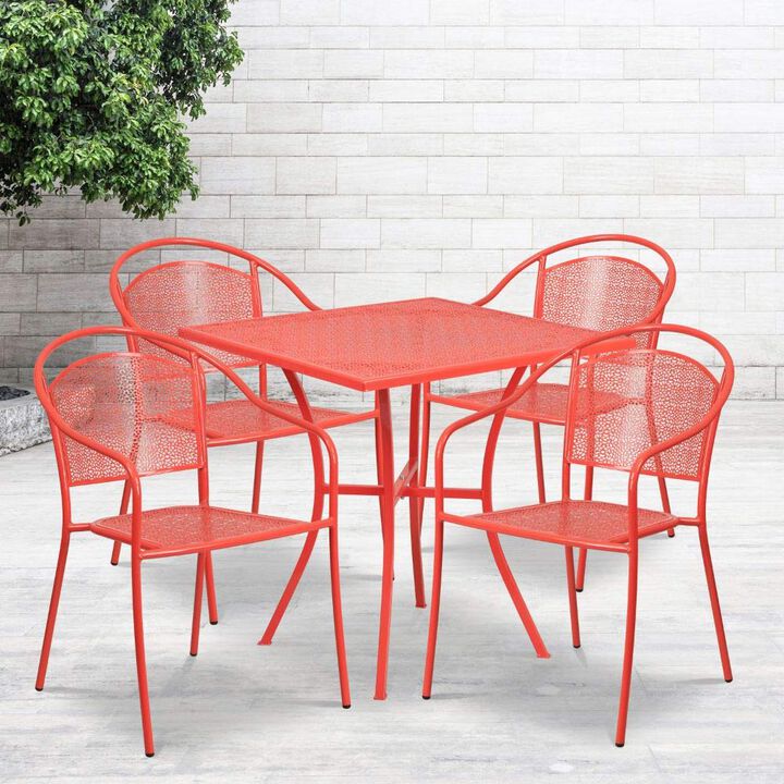 Flash Furniture Oia Commercial Grade 28" Square Coral Indoor-Outdoor Steel Patio Table Set with 4 Round Back Chairs