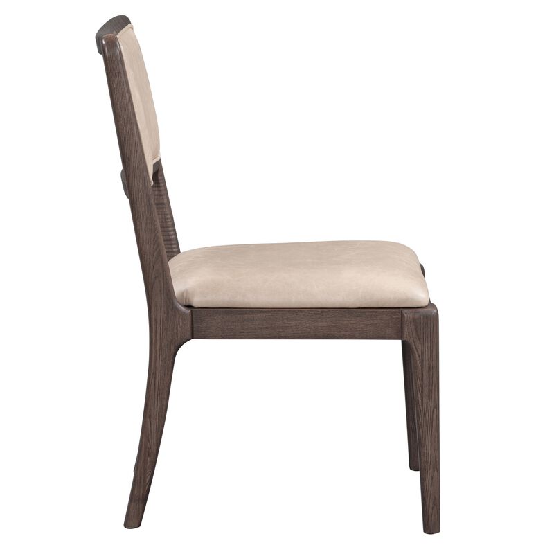 Ese 25 Inch Dinning Chair, Beige Real Leather, Open Style, Brown Solid Wood - Benzara