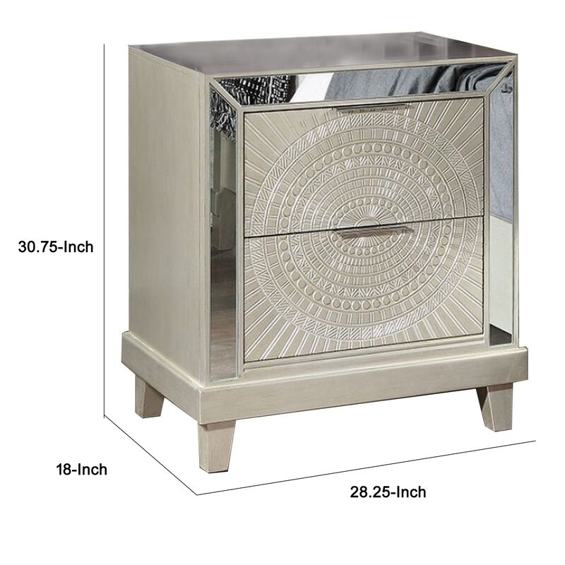 Pok 28 Inch Modern 2 Drawer Nightstand, Beveled Mirror Trim, Champagne-Benzara