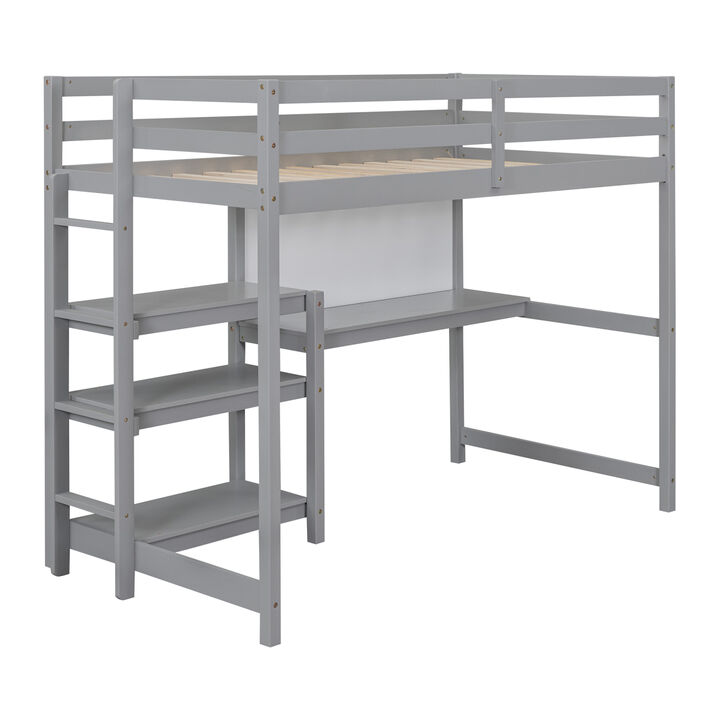 Twin Size Wooden Loft Bed With Shelves, Desk And Writing Board