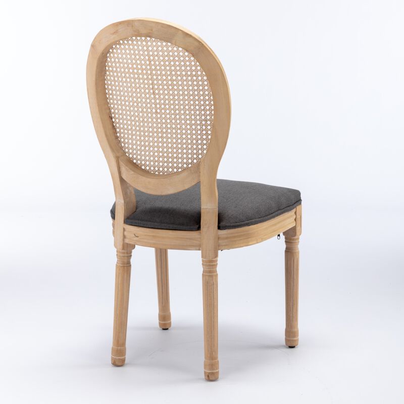 French Style Solid Wood Frame Antique Painting Linen Fabric Rattan Back Dining Chair, Set Of 2, Gray