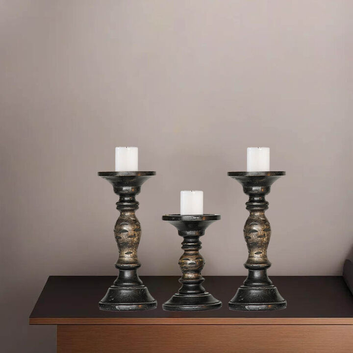 Traditional Dark Polish Eco-friendly Handmade Mango Wood Set Of Three 9",6" & 9" Pillar Candle Holder BBH Homes