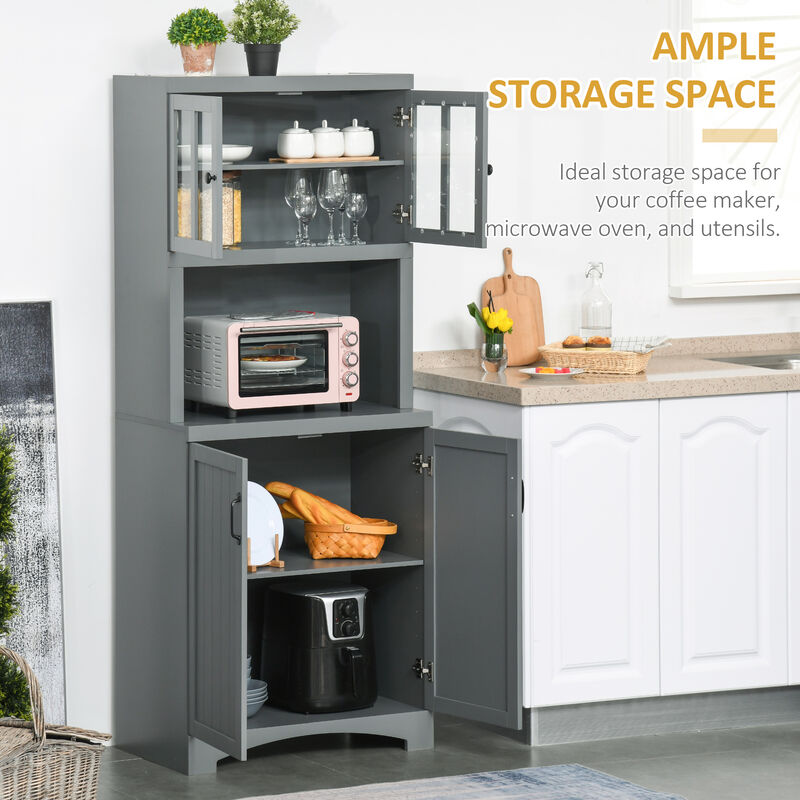 Freestanding Kitchen Storage Cupboard with Framed Glass Doors & Open Countertop