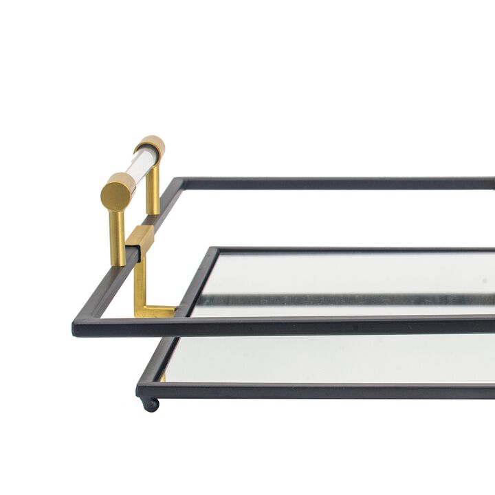 21, 27 Inch Set of 2 Decorative Trays with Mirror, Modern Frame, Gold, Black-Benzara