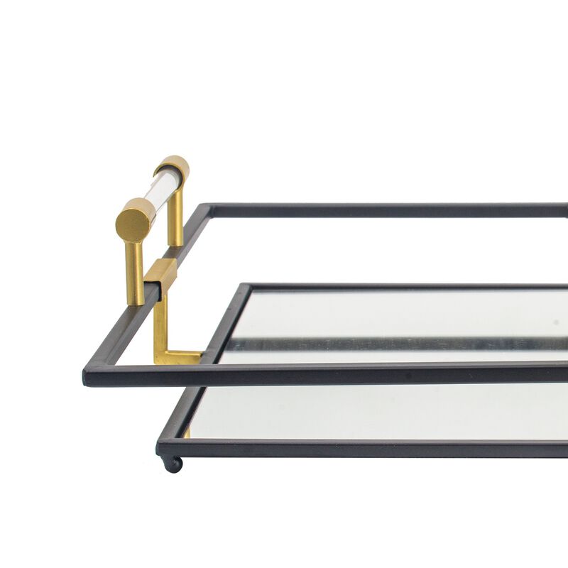 21, 27 Inch Set of 2 Decorative Trays with Mirror, Modern Frame, Gold, Black-Benzara