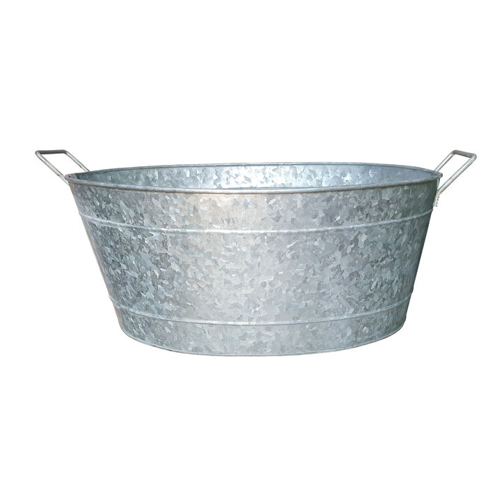 Embossed Design Oval Shape Galvanized Steel Tub with Side Handles, Small, Silver-Benzara