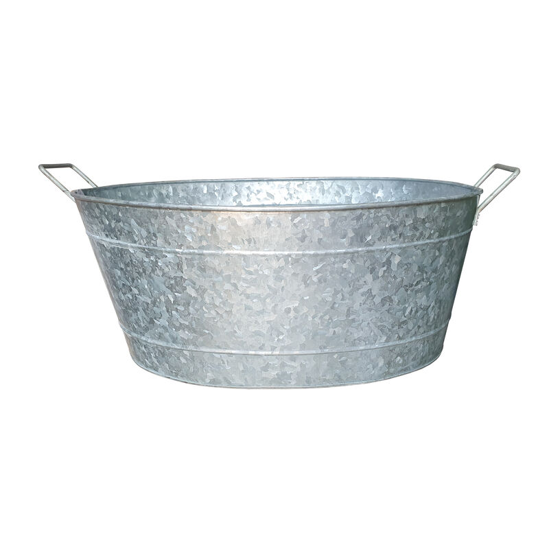 Embossed Design Oval Shape Galvanized Steel Tub with Side Handles, Small, Silver-Benzara