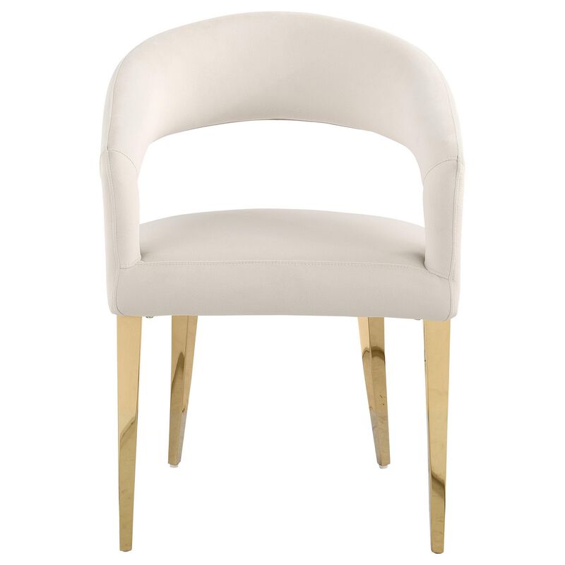 Liano Dining Chair Set of 2, Curved Open Back, Gold Legs, White Fabric - Benzara