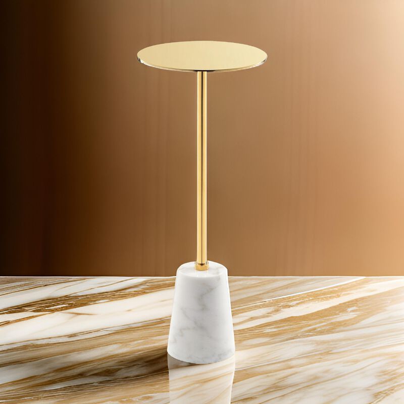 Sen 8 Inch Side End Drink Table, Round, White Genuine Marble, Gold Finish - Benzara