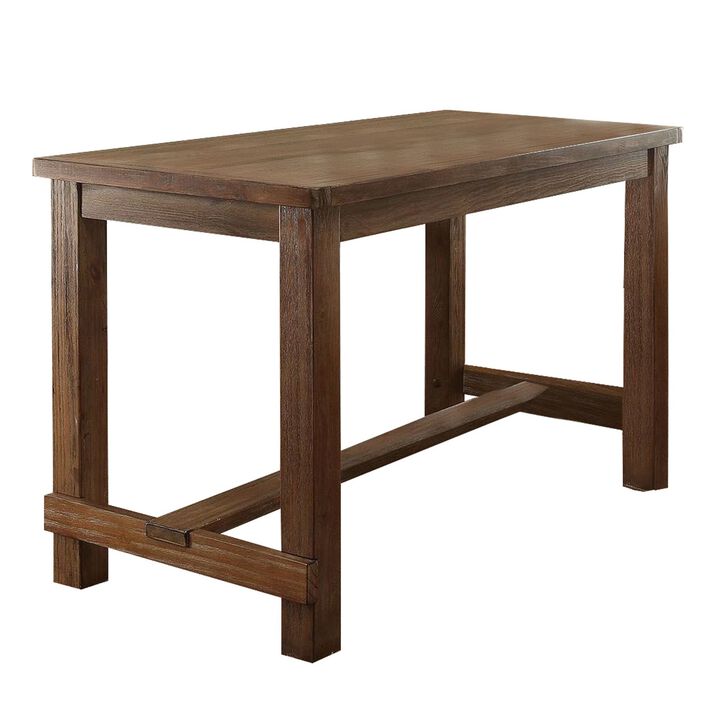 Rustic Plank Wooden Counter Height Table with Block Legs, Oak Brown-Benzara