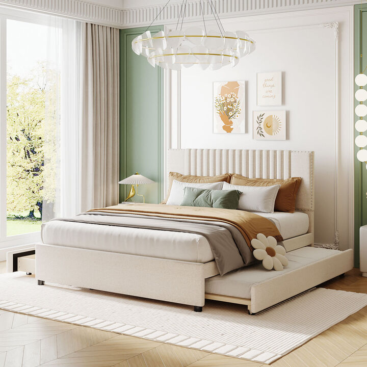 Queen Size Upholstered Platform Bed With 2 Drawers And 1 Twin XL Trundle, Classic Headboard Design
