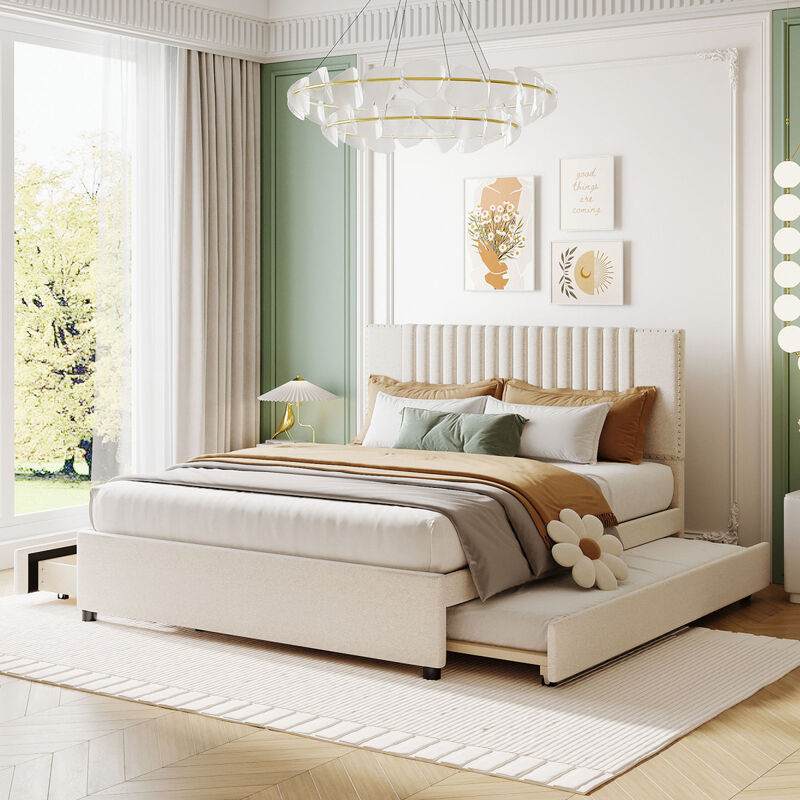 Queen Size Upholstered Platform Bed With 2 Drawers And 1 Twin XL Trundle, Classic Headboard Design