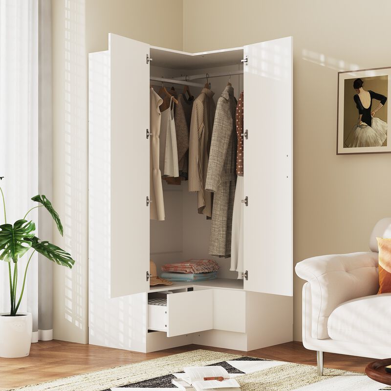 FUFU&GAGA Corner Wardrobe Closet with Adjustable Shelves and Drawers,(35.4" W x 35.4" D x 70.9" H), Dark Brown