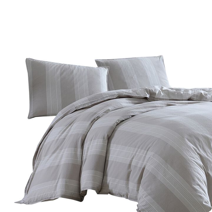 3 Piece King Comforter Set with Vertical Stripes Pattern, White and Brown-Benzara